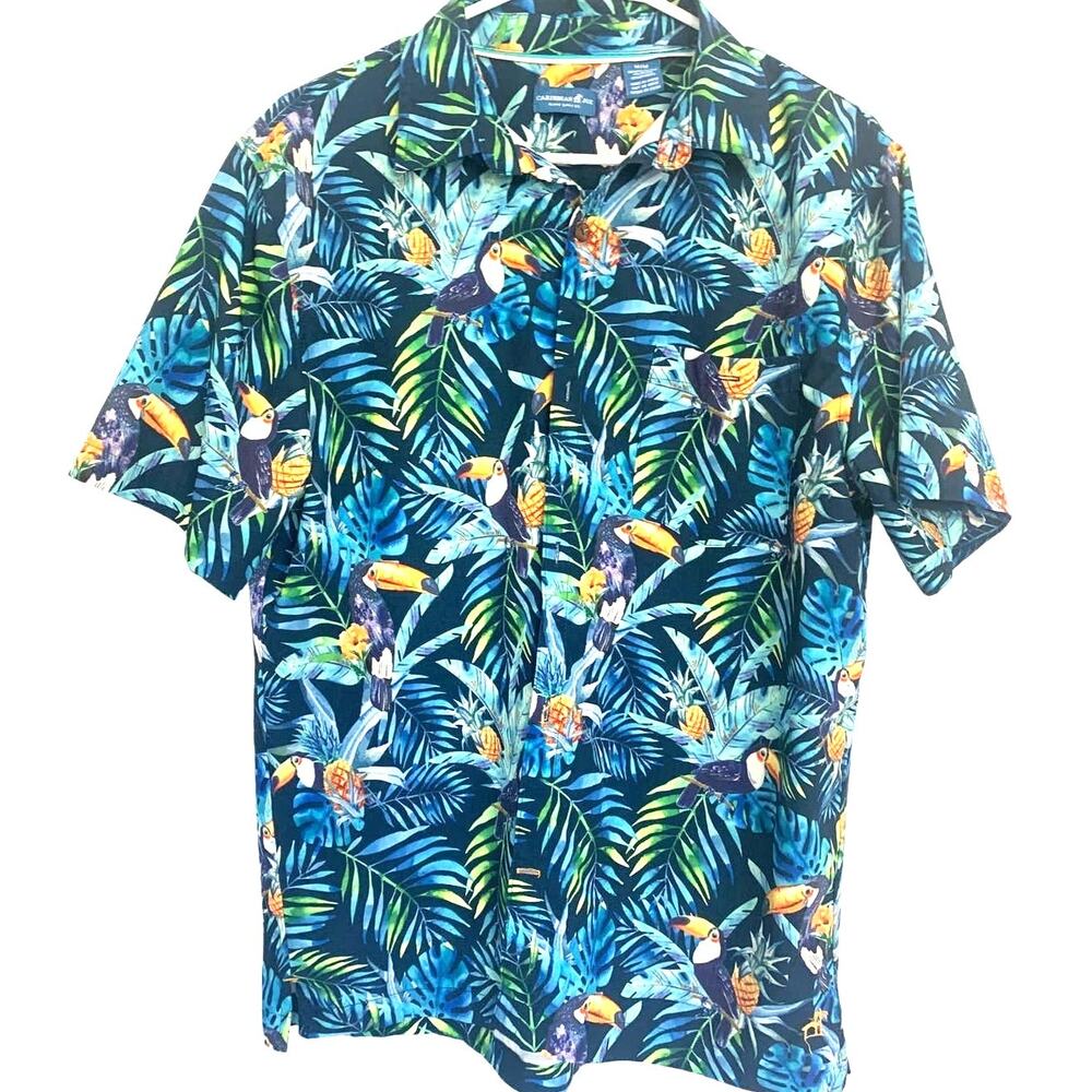 Caribbean Joe Hawaiian Shirt Medium Blue Mens Island Supply Button Up Tropical